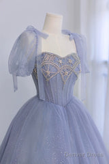 Blue Tulle Beaded Long Prom Dress, Beautiful A-Line Blue Evening Party Dress
