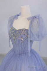 Blue Tulle Beaded Long Prom Dress, Beautiful A-Line Blue Evening Party Dress