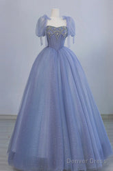 Blue Tulle Beaded Long Prom Dress, Beautiful A-Line Blue Evening Party Dress