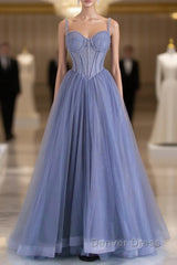 Blue Tulle Beaded Long Prom Dresses, Beautiful Spaghetti Strap A-Line Evening Party Dresses
