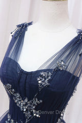 Blue Tulle Beaded Long Prom Dresses, Blue A-Line Evening Party Dresses