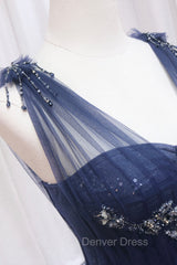 Blue Tulle Beaded Long Prom Dresses, Blue A-Line Evening Party Dresses