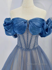 Blue Tulle Beaded Long Prom Dresses, Off The Shoulder Evening Party Dresses