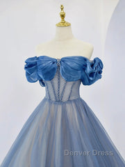 Blue Tulle Beaded Long Prom Dresses, Off The Shoulder Evening Party Dresses