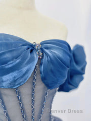 Blue Tulle Beaded Long Prom Dresses, Off The Shoulder Evening Party Dresses