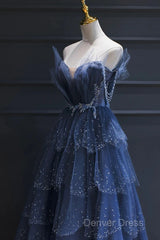 Blue Tulle Beaded Long Senior Prom Dresses, A-Line Layers Beaded Long Evening Party Dresses