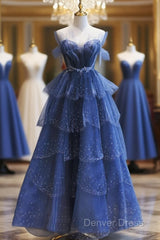 Blue Tulle Beaded Long Senior Prom Dresses, A-Line Layers Beaded Long Evening Party Dresses