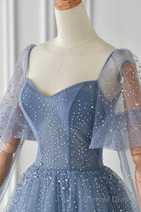 Blue Tulle Beaded Long Sleeve Prom Dress, A-Line Blue Evening Party Dress