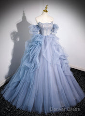 Blue Tulle Beaded Off Shoulder New Style Prom Dress, Blue Sweet 16 Dress