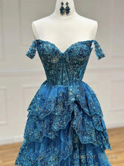 Blue Tulle Beaded With Lace Sweetheart Long Party Dress, Off Shoulder Blue Prom Dress