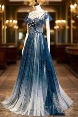 Blue Tulle Beading Long A-Line Prom Dresses, Scoop Neckline Evening Dresses