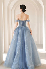 Blue Tulle Beading Long Prom Dress, A-Line Blue Formal Dress