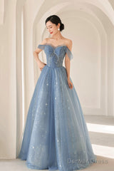 Blue Tulle Beading Long Prom Dress, A-Line Blue Formal Dress