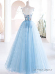Blue Tulle Beads Long Prom Dress, Blue Tulle Long Evening Dress