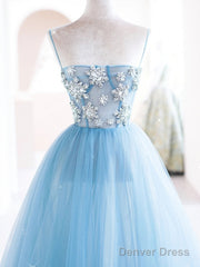 Blue Tulle Beads Long Prom Dress, Blue Tulle Long Evening Dress