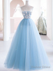 Blue Tulle Beads Long Prom Dress, Blue Tulle Long Evening Dress