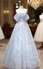 Blue Tulle Flower Off the Shoulder Prom Dresses