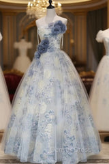 Blue Tulle Flower Strapless Pleats Prom Dresses