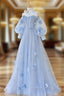 Blue Tulle Flowers Long Prom Dress, Lovely A Line Puff Sleeve Prom Dresses