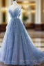 Blue Tulle Gorgeous V Neck Long Prom Dresses, A-line Tulle Formal Evening Dresses
