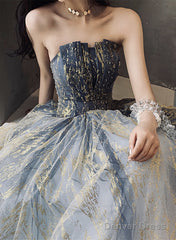 Blue Tulle Gradient A-Line Long Formal Dress, Blue A Line Prom Dress