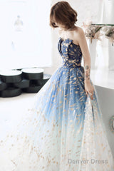 Blue Tulle Gradient Long Formal Gowns, A-Line Strapless Evening Dresses