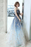 Blue Tulle Gradient Long Formal Gowns, A-Line Strapless Evening Dresses