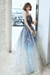Blue Tulle Gradient Long Formal Gowns, A-Line Strapless Evening Dresses