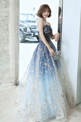 Blue Tulle Gradient Long Formal Gowns, A-Line Strapless Evening Dresses