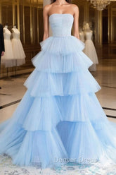 Blue Tulle High Low Prom Dresses, Blue Tulle High Low Formal Graduation Dresses