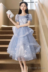 Blue Tulle Knee Length With Lace Party Dress, Blue Short Sleeve Homecoming Dress