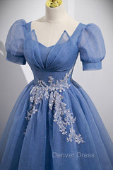 Blue Tulle Lace Floor Length Prom Dresses, Blue Short Sleeve Evening Dresses