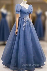 Blue Tulle Lace Floor Length Prom Dresses, Blue Short Sleeve Evening Dresses