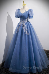 Blue Tulle Lace Floor Length Prom Dresses, Blue Short Sleeve Evening Dresses