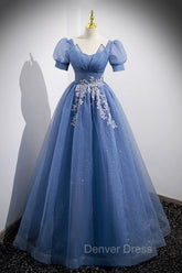 Blue Tulle Lace Floor Length Prom Dresses, Blue Short Sleeve Evening Dresses