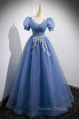 Blue Tulle Lace Floor Length Prom Dresses, Blue Short Sleeve Evening Dresses