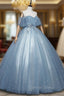 Blue Tulle Lace Long A Line Ball Gowns, Off the Shoulder Prom Gowns
