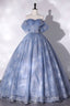 Blue Tulle Lace Long Ball Gowns, Off The Shoulder Prom Gowns