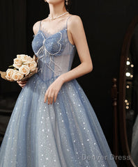 Blue Tulle Lace Long Prom Dress, Blue Lace Sweet 16 Dress