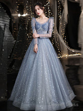 Blue Tulle Lace Long Prom Dress, Blue Lace Sweet 16 Dress