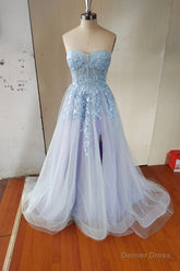 Blue Tulle Lace Long Prom Dress, Blue Strapless Evening Dress with Slit