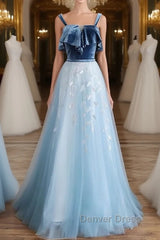 Blue tulle lace long prom Dresses, blue tulle formal Dresses