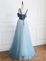 Blue tulle lace long prom Dresses, blue tulle formal Dresses