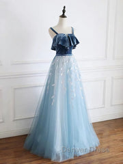 Blue tulle lace long prom Dresses, blue tulle formal Dresses