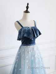 Blue tulle lace long prom Dresses, blue tulle formal Dresses