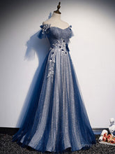 Blue Tulle Lace Long Prom Dress, Blue Tulle Lace Bridesmaid Dress