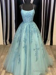 Blue Tulle Lace Long Prom Dress Blue Tulle Lace Evening Dress