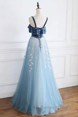 Blue Tulle Lace Long Prom Dresses, Blue Tulle Long Evening Dresses