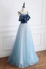 Blue Tulle Lace Long Prom Dresses, Blue Tulle Long Evening Dresses