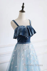 Blue Tulle Lace Long Prom Dresses, Blue Tulle Long Evening Dresses